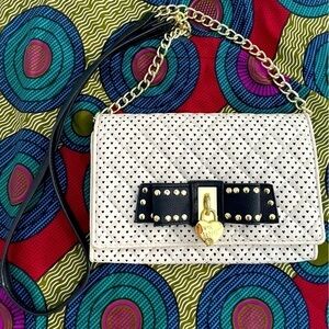 Betsey Johnson Quilted Heart Stud Leather Crossbody Clutch Purse gold chain